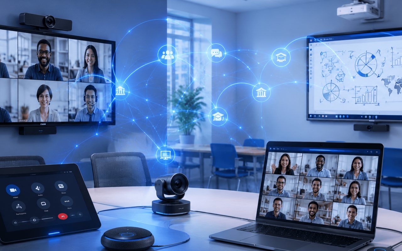 Meeting room with video conferencing screens and camera
